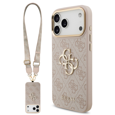 Guess Original Licensed 4G Case for Apple iPhone 18 Pro Max with Large Metal Logo and Thick Strap Pink