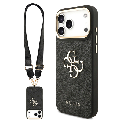 Guess Original Licensed 4G Case for Apple iPhone 18 Pro Max with Large Metal Logo and Thick Strap Black