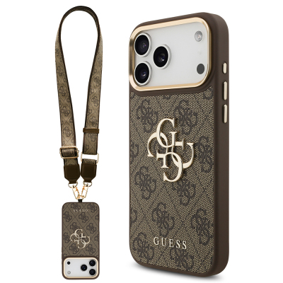 Guess Original Licensed 4G Case for Apple iPhone 18 Pro Max with Large Metal Logo and Thick Strap Brown