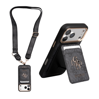 Guess Original Licensed 4G Case with Logo and Text for Apple iPhone 17 Pro + Card Holder + Lanyard 3-in-1 Accessory Set Black