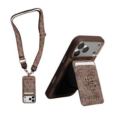 Guess Original Licensed 4G Case with Logo and Text for Apple iPhone 17 Pro + Card Holder + Lanyard 3-in-1 Accessory Set Brown