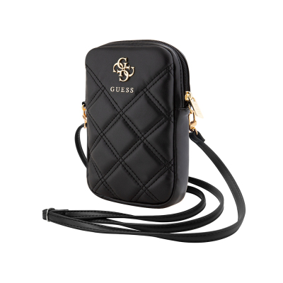 Guess Original Licensed 4G Metal Logo Quilted Pattern Zippered PU Leather Crossbody Bag Black