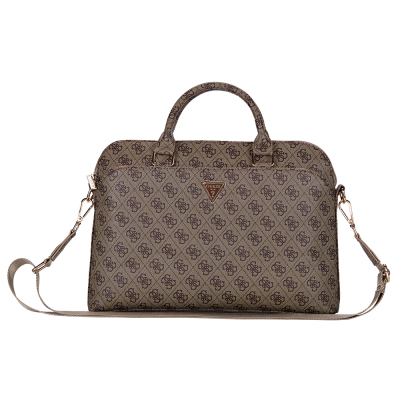 Guess Original Licensed 4G Patterned Triangle Logo Shoulder Strap 15 inch Laptop Bag Brown