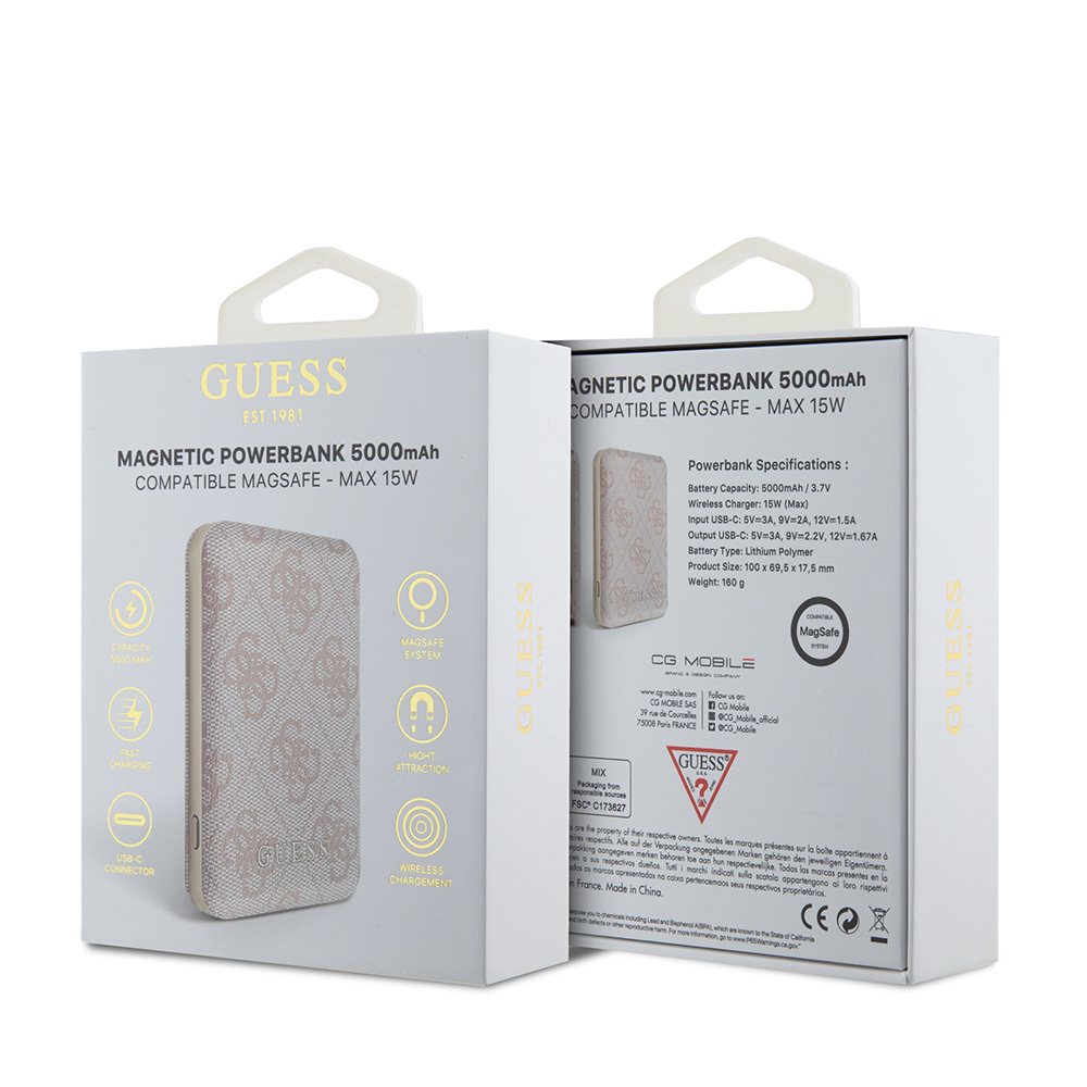 Guess Original Licensed Digital LED Indicator PU Leather 4G Patterned Metal Text Logo Powerbank 5000mAh 15W - 16