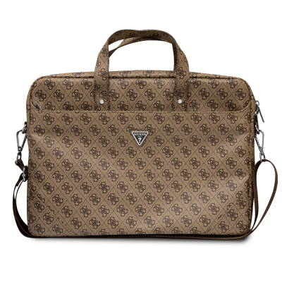 Guess Original Licensed Hot Stamped 4G Patterned Triangle Logo Shoulder Strap Laptop Bag for 15-16 inch Laptops. Brown