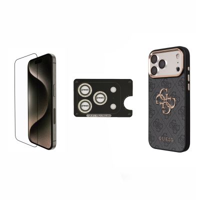 Guess Original Licensed Large 4G and Text Logo Case + Screen Protector + Lens Protector 3-in-1 Accessory Set for Apple iPhone 17 Pro. Black