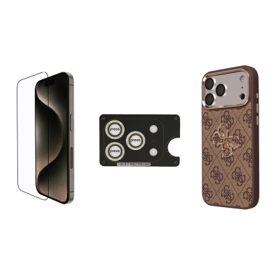 Guess Original Licensed Large 4G and Text Logo Case + Screen Protector + Lens Protector 3-in-1 Accessory Set for Apple iPhone 17 Pro. Brown