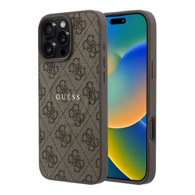 Guess Original Licensed M-safe Apple iPhone 16 Pro Case with Embossed 4G Design and Logo. Brown