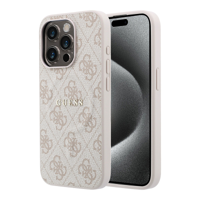 Guess Original Licensed M-safe Case for Apple iPhone 15 Pro with Embossed 4G Design and Logo. Pink