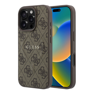 Guess Original Licensed M-safe Case for Apple iPhone 16 Pro Max with Embossed 4G Design and Logo. Brown