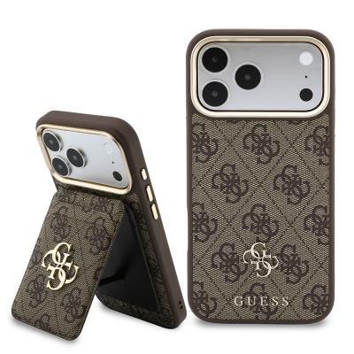 Guess Original Licensed M-safe Case for Apple iPhone 17 Pro Max with Charging Enabled, 4G, Large Metal Logo, and Card Holder. Brown