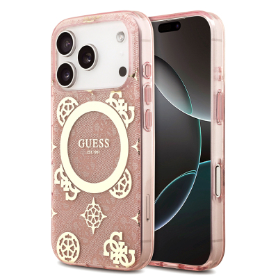 Guess Original Licensed M-safe Case for Apple iPhone 18 Pro Max with Charging Feature, IML Peony and 4G Design, Classic Logo Cover. Pink