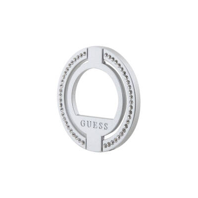 Guess Original Licensed Magsafe Magnetic Stand with Charging Features Text Logo and Stone Ring Silver