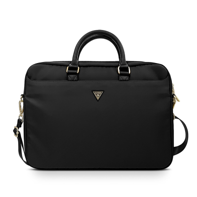Guess Original Licensed Nylon Fabric Laptop Bag with Metal Triangle Logo and Shoulder Strap, 15-16 inch. Black