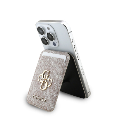 Guess Original Licensed PU Leather 4G Patterned Metal Large 4G and Text Logo Stand Magnetic Card Holder Pink