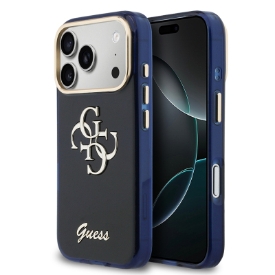 Guess Original Licensed Silicone Case with Large Metal Logo and Text Designed for Apple iPhone 17 Pro Blue