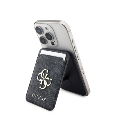 Guess Orjinal Lisanslı PU Deri 4G Desenli Metal Büyük 4G ve Yazı Logolu Standlı Magnetik Kartlık Siyah
