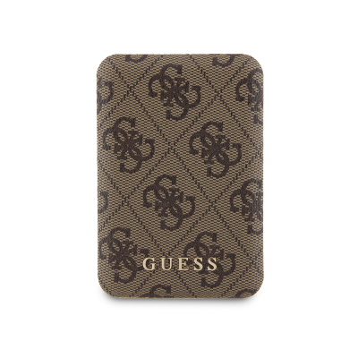 Guess Orjinal Lisanslı Dijital Led Göstergeli PU Deri 4G Desenli Metal Yazı Logolu Powerbank 5000mAh 15W Kahverengi