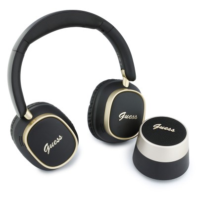 Guess Orjinal Lisanslı Metal Yazı Logolu Kulak Üstü Kulaklık ve Speaker Hoparlör 2in1 Set Siyah