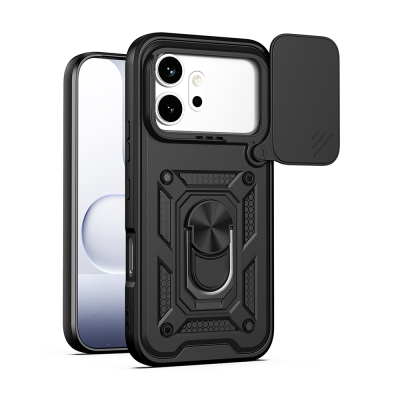 Honor 600 Pro 5G Case with Magnetic Stand and Camera Protection - Zore Sliding Vega Cover Black