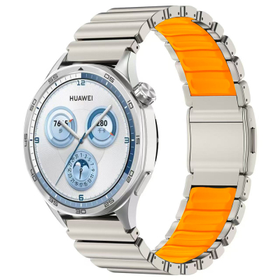 Huawei GT4 46mm Zore KRD-151 22mm Metal Silikon Kordon Gümüş-Turuncu