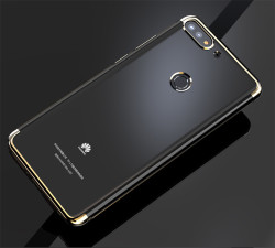 Huawei Y7 2018 Kılıf Zore Dört Köşeli Lazer Silikon Kapak Gold