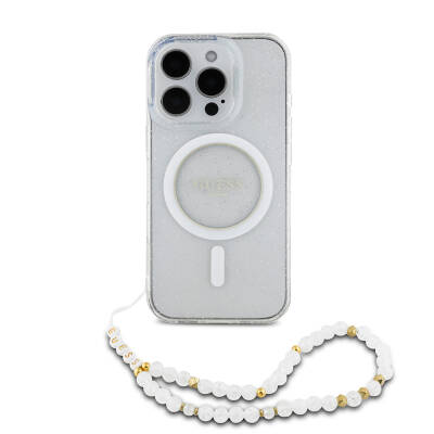 iPhone 16 Pro Case Guess Original Licensed Magsafe Charging Featured Silvery Silicone Pearl Bracelet Cover Şeffaf