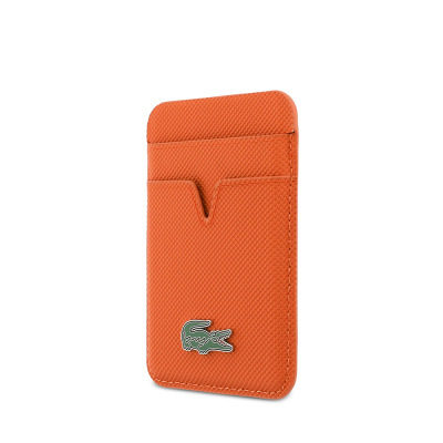 Lacoste Original Licensed 2-Compartment PU Piqué Pattern Magnetic Card Holder with Iconic Crocodile Weave Logo Orange