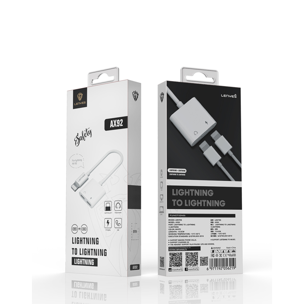 Lenyes AX92 Lightning to Lightning 2in1 Charging and Headphone Converter Adapter - 9