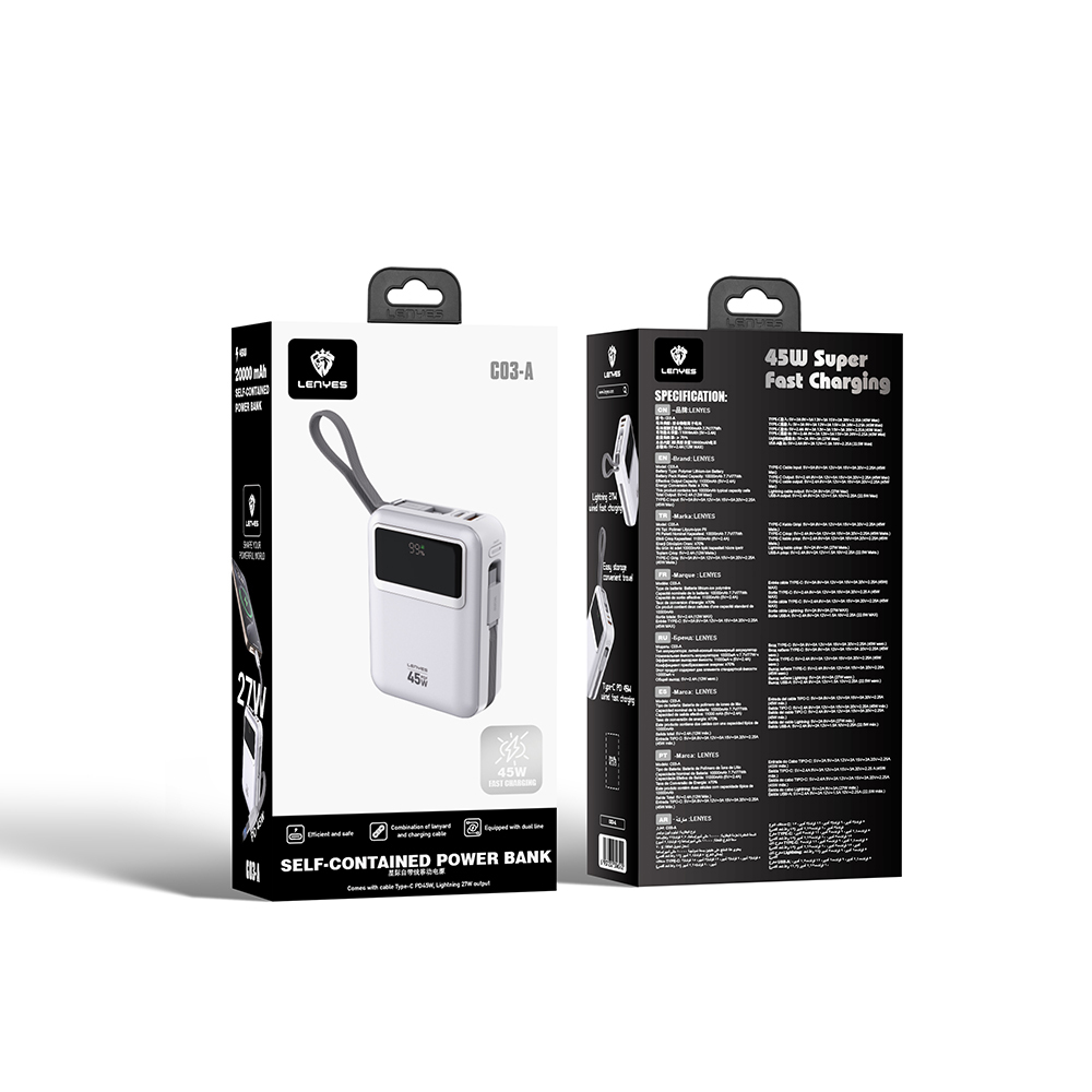 Lenyes C03-A Powerbank 45W 10,000mAh with Digital LED Display, Type-C and Lightning Cable - 8