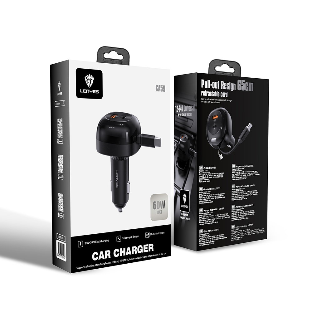 Lenyes CA59 Type-C Cable Fast Charging Car Charger with Type-C + USB-A Port PD 60W - 8