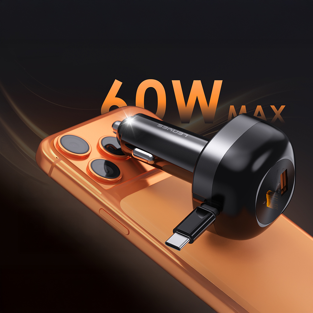 Lenyes CA59 Type-C Cable Fast Charging Car Charger with Type-C + USB-A Port PD 60W - 5