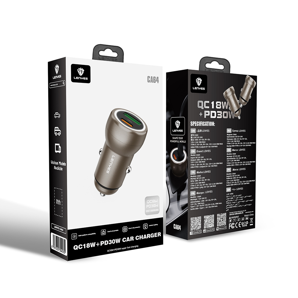 Lenyes CA64 Fast Charging Dual USB-A + Type-C Port PD Car Charger 30W - 7