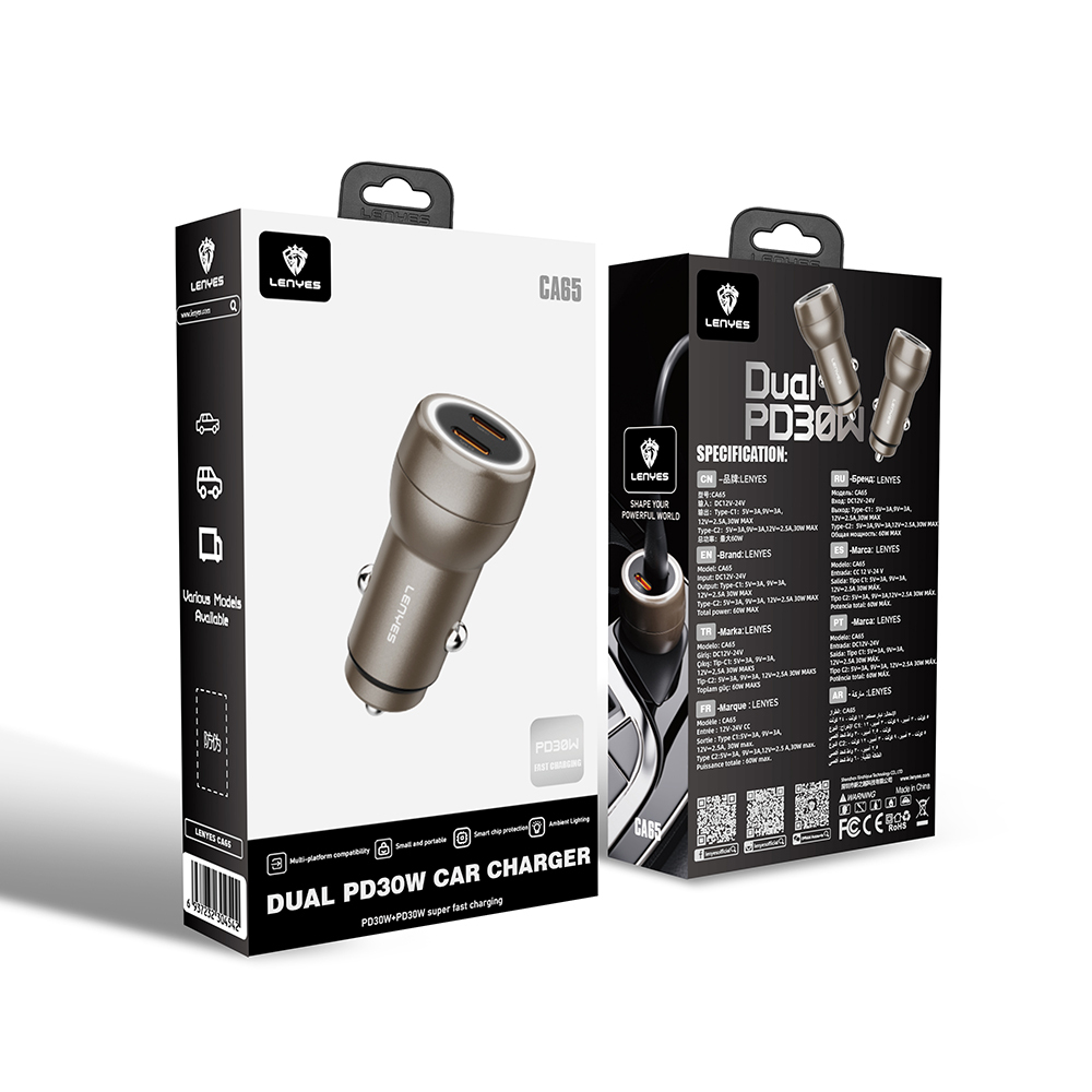 Lenyes CA65 Fast Charging Dual Type-C + Type-C Port PD Car Charger 60W - 4