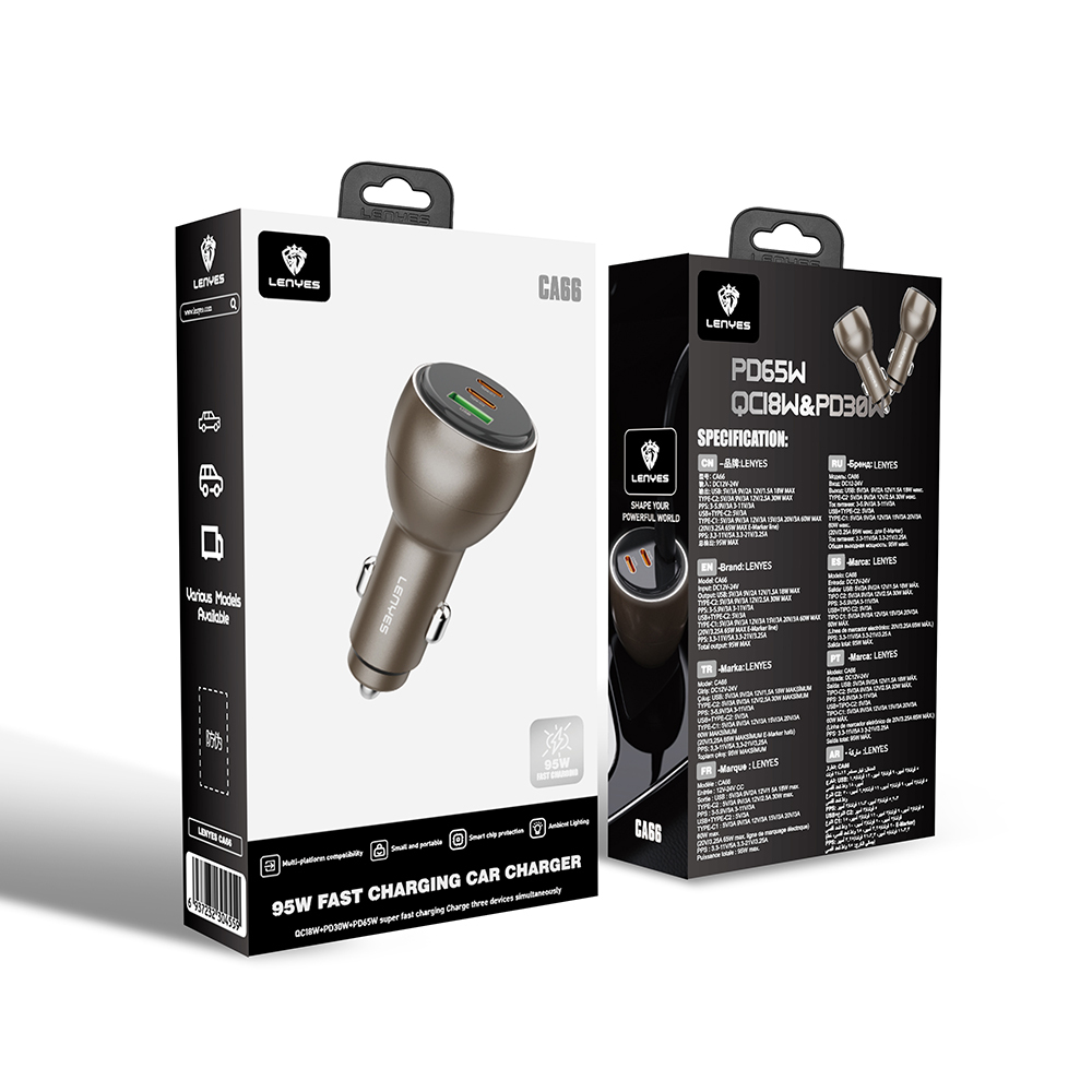 Lenyes CA66 Fast Charging Dual Type-C + Type-C + USB-A Port PD Car Charger 95W - 6