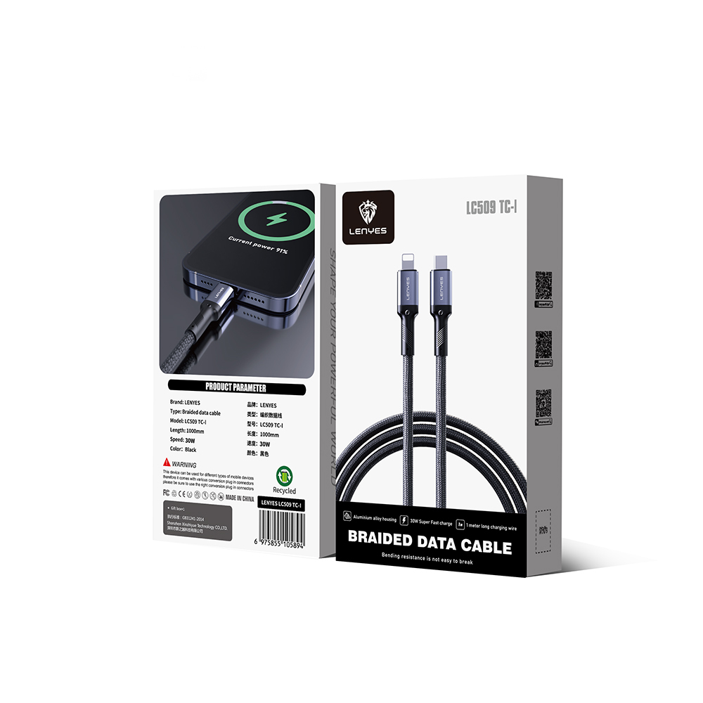 Lenyes LC509 Type-C to Lightning PD 30W Braided Design Fast Charging Data and Charging Cable 1M - 3