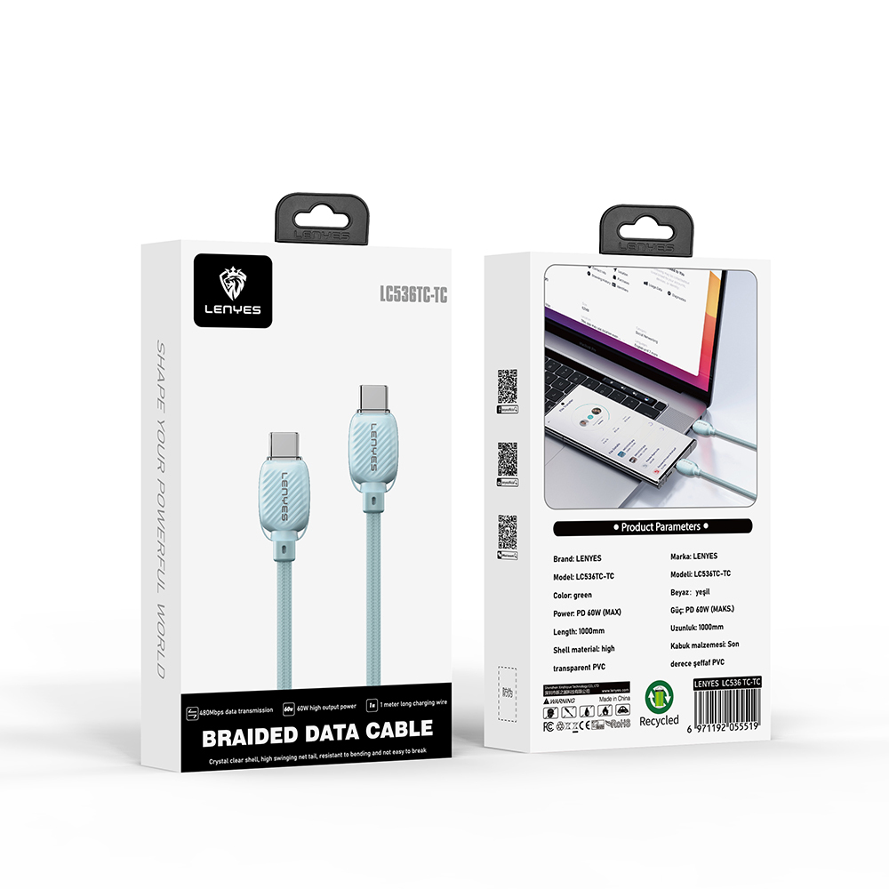 Lenyes LC536 Type-C to Type-C PD Örgü Tasarımlı Hızlı Şarj Özellikli Data ve Şarj Kablosu 60W 1M - 10