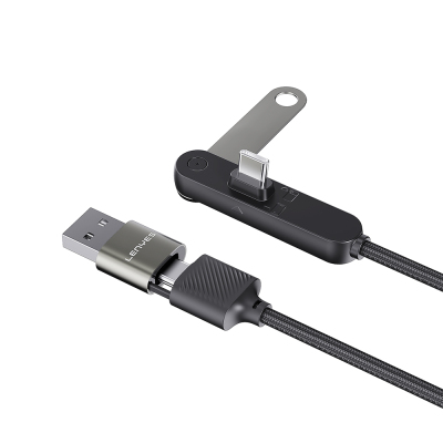 Lenyes LC569 2-in-1 USB-A to Type-C + Type-C Data and Charging Cable with Stand, 240W, 1.2M Black