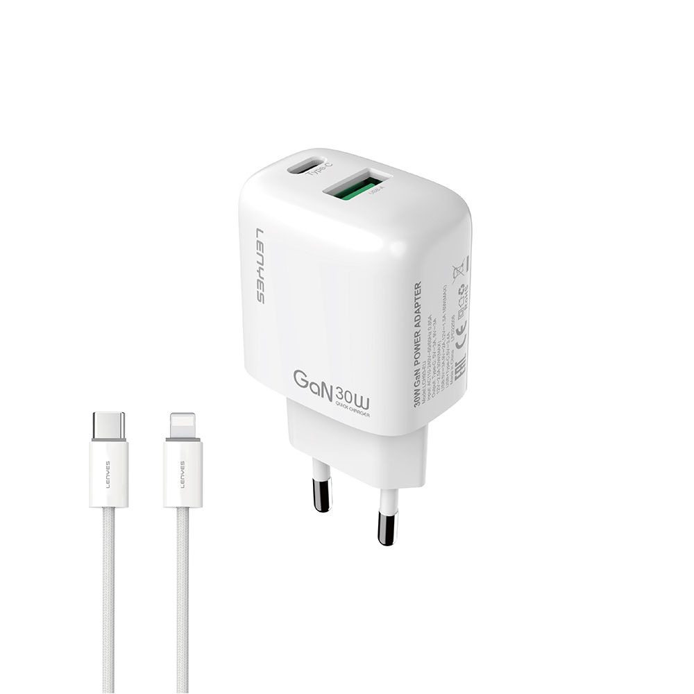 Lenyes LCH93-TC-L Type-C to Lightning GaN Teknolojili PD ve USB Hızlı Şarj Özellikli Şarj Seti 30W - 1