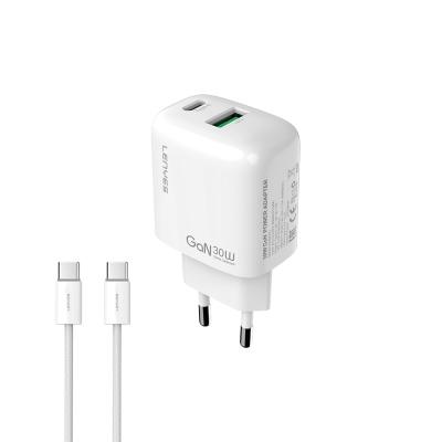 Lenyes LCH93-TC-TC Type-C to Type-C GaN Teknolojili PD ve USB Hızlı Şarj Özellikli Şarj Seti 30W Beyaz