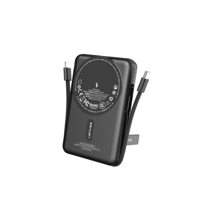 Lenyes P571 PD 22.5W Stand Powerbank with M-safe Charging, Type-C and Lightning Cables, 15W 10000mAh Black