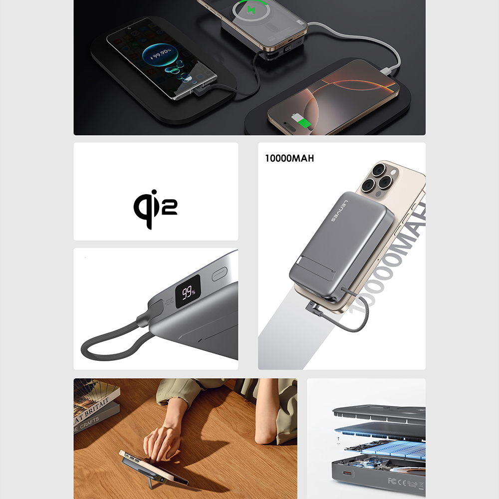 Lenyes PW1009D PD 35W Qi2 Technology Type-C Wired Stand Wireless Powerbank 15W 10000mAh - 9