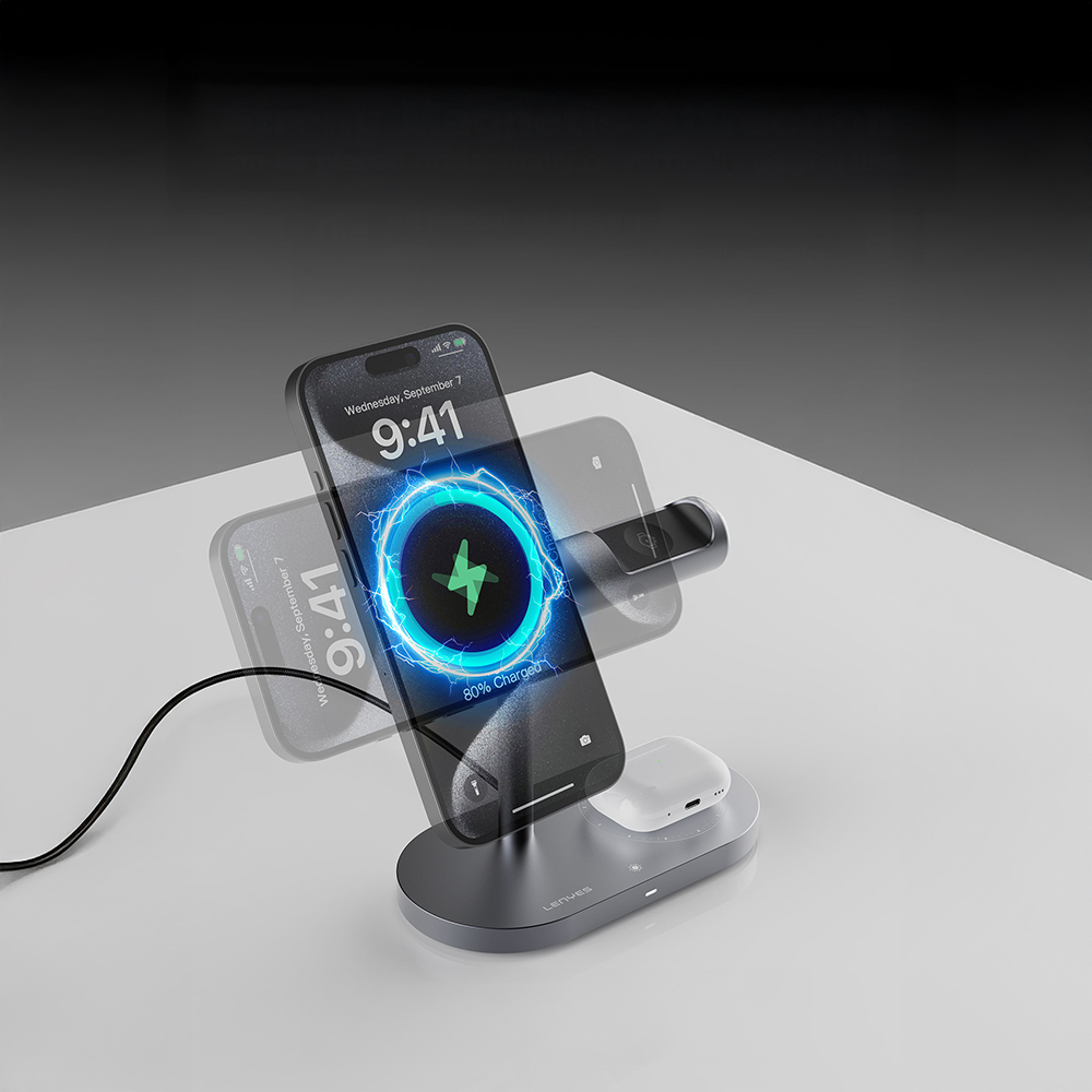 Lenyes PW319 Qi2 Charging Technology Ambient Light Phone & Smart Watch & Headphone 15W 3in1 Wireless Charging Stand - 4