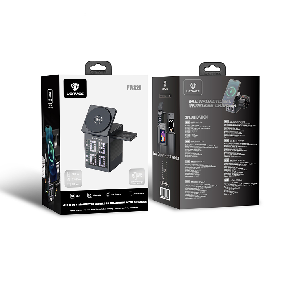 Lenyes PW320 Qi2 Charging Technology Alarm Bluetooth Speaker Feature Phone & Smart Watch & Headphone 15W 6in1 Wireless Charging Stand - 8
