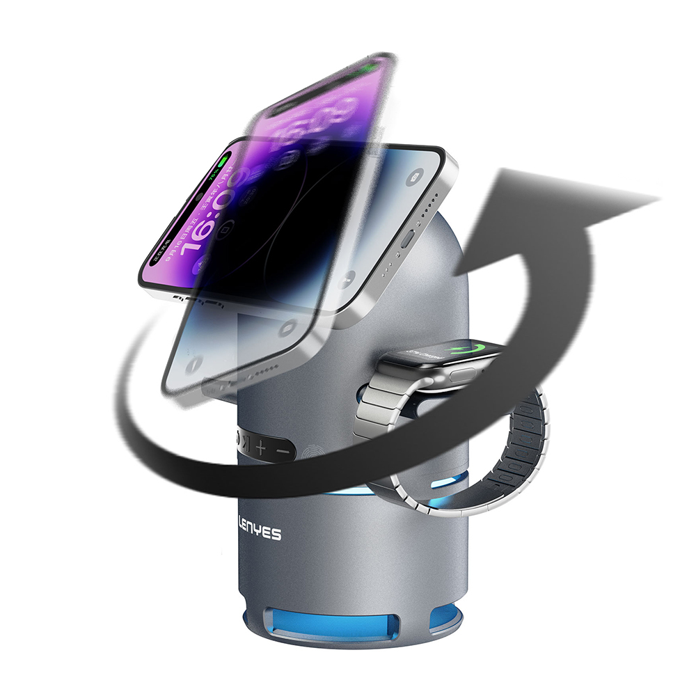 Lenyes PW321 Bluetooth Speaker with Qi2 Charging Technology, Speakerphone, Smartwatch, and Headphones 15W 4in1 Wireless Charging Stand - 3