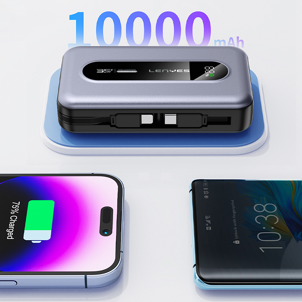 Lenyes PX1002D Dijital LED Göstergeli Teleskopik Type-C ve Lightning Kablolu Powerbank 35W 10.000mAh - 5