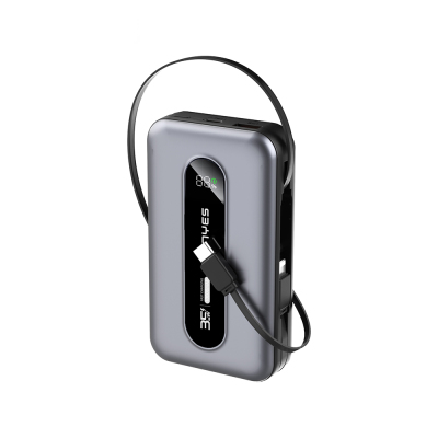 Lenyes PX1002D Dijital LED Göstergeli Teleskopik Type-C ve Lightning Kablolu Powerbank 35W 10.000mAh Gri