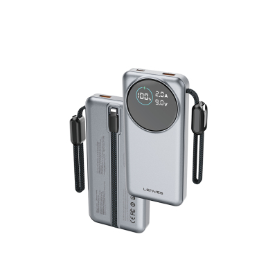 Lenyes PX1004D Digital LED Display Powerbank with Lightning Cable, 22.5W, 10,000mAh Silver