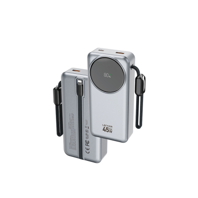 Lenyes PX279D Digital LED Display Powerbank with Type-C and Lightning Cables, 45W 20.000mAh Silver