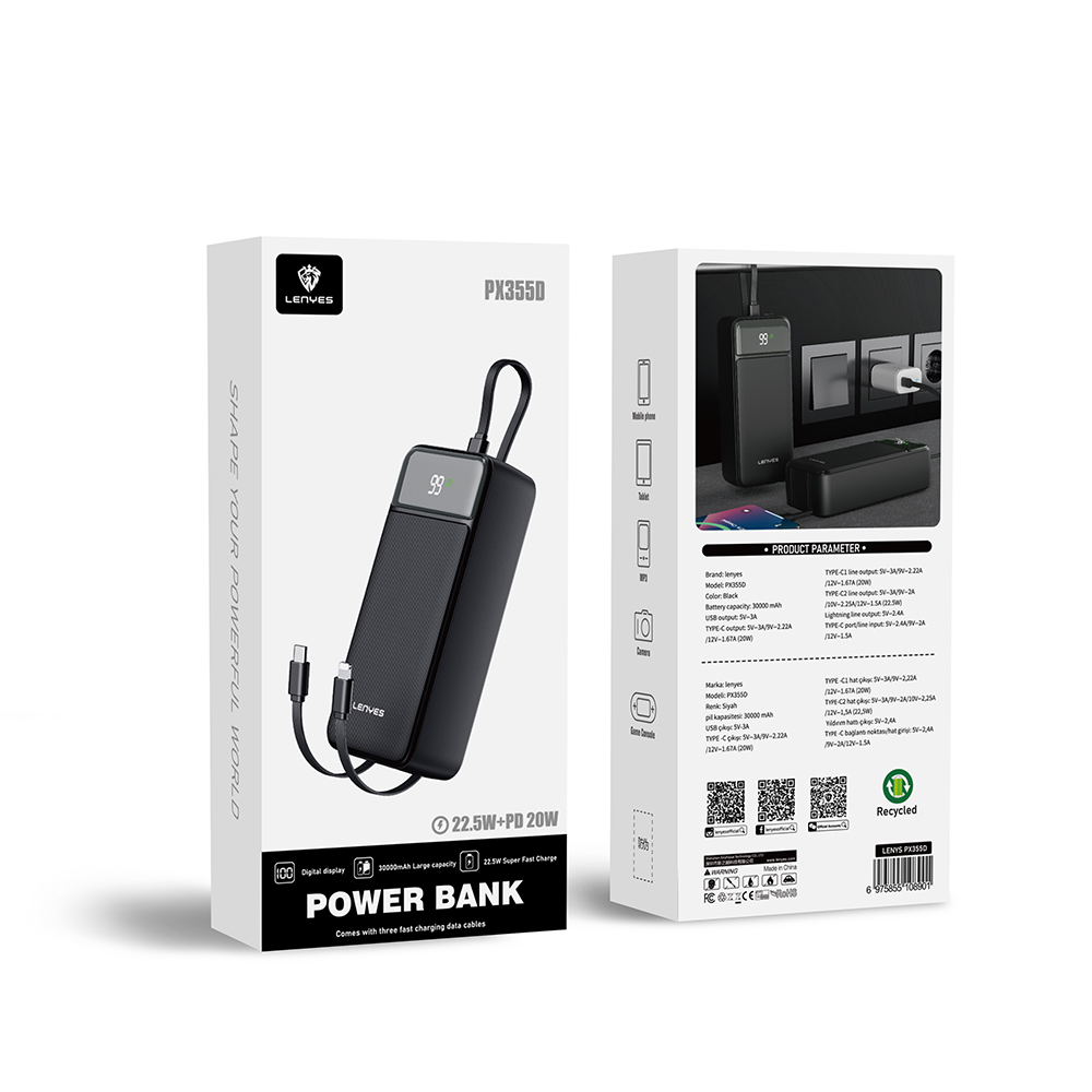 Lenyes PX355D Digital LED Display Powerbank with Type-C and Lightning Cable 22.5W 30.000mAh - 14